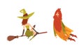 Sorcerer in Pointed Hat Practicing Wizardry and Witchcraft Flying on Broomstick and with Magic Wand Vector Set Royalty Free Stock Photo