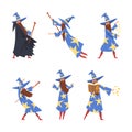 Sorcerer in Pointed Hat and Starry Gown Practicing Wizardry and Witchcraft with Magic Wand Vector Set Royalty Free Stock Photo