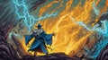 A sorcerer summoning a thunderstorm. Fantasy concept , Illustration painting Royalty Free Stock Photo