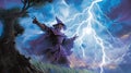 A sorcerer summoning a thunderstorm. Fantasy concept , Illustration painting Royalty Free Stock Photo
