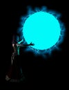 Sorceress Casting Blue Fireball Spell Illustration