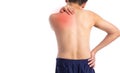 Sore pain of shoulder. Sprain and arthritis symptoms. middle age man holding his hurt shoulder