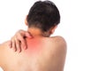 Sore pain of shoulder. Sprain and arthritis symptoms. middle age man holding his hurt shoulder