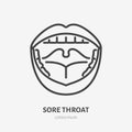 Sore throat line icon, vector pictogram of flu or cold symptom. Open mouth with pharyngitis illustration, sign for