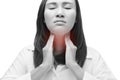 Sore throat woman on white background