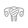 Sore woman uterus line icon. Uterine cancer, endometritis, infertility, infected organ symbol