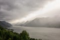 Sorfjorden in Norway in misty stormy weather