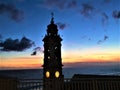 Sori town bell tower in Genoa province, Liguria region, Italy. Art, history, sunset and colours