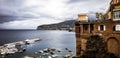 Picturesque top view over the Bay of Naples and mountains from the cliff in Sorrento. Royalty Free Stock Photo