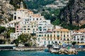 Sorrento, Italy - June 5, 2019: View from the sea of this picturesque Italian Mediterranean city, with old and colorful houses