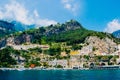 Sorrento, Italy - June 5, 2019: View from the sea of this picturesque Italian Mediterranean city, with old and colorful houses