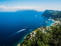 Sorrento, Italy - June 5, 2019: View from the sea of this picturesque Italian Mediterranean city, with old and colorful houses