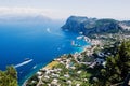 Sorrento, Italy - June 5, 2019: View from the sea of this picturesque Italian Mediterranean city, with old and colorful houses