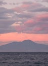 Sunset in the Bay of Naples, Italy. Mount Vesuvius can be seen on the horizon. Photographed near Sorrento .