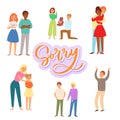 Sorry and apologizing, exuse me cartoon characters of adults and children vector illustration.