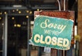 Sorry we are closed sign hanging outside a restaurant, store, of Royalty Free Stock Photo