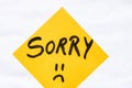 Sorry handwriting text close up isolated on orange paper with copy space. Writing text on memo post reminder Royalty Free Stock Photo