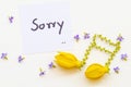 Sorry message card handwriting with yellow flowers ylang ylang arrangement music score