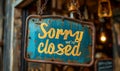 Sorry we\'re closed sign hanging on a dark wooden background indicating business hours, closure, and retail shop customer Royalty Free Stock Photo