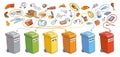 Sort the garbage in correct trash cans. Organic, Glass, Metal, Plastic, Paper, E-Waste Royalty Free Stock Photo