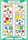 Sort by Shapes. Sorting Game. Group by shapes - square, circle,triangle. . Special sorter for preschool kids. Worksheet Royalty Free Stock Photo