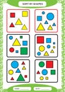 Sort by Shapes. Sorting Game. Group by shapes - square, circle,triangle. . Special sorter for preschool kids. Worksheet Royalty Free Stock Photo