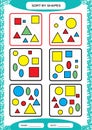 Sort by Shapes. Sorting Game. Group by shapes - square, circle,triangle. . Special sorter for preschool kids. Worksheet Royalty Free Stock Photo