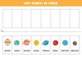 Sort Solar system planets by order. Space worksheet for children Royalty Free Stock Photo