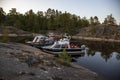 Motor boats on skerries on Lake Ladoga in Russia Royalty Free Stock Photo