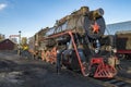 A worker carries out maintenance on a old soviet steam locomotive