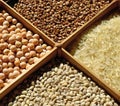 Sorted cereals: buckwheat, rice, peas, pearl barley.