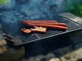 Sorted sausages and bacon roasted on a spit Royalty Free Stock Photo