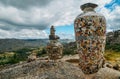 Ceramic vase made out of Portuguese azulejo tiles overlooking a valley in Northeastern Portugal, Europe