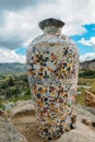 Ceramic vase made out of Portuguese azulejo tiles overlooking a valley in Northeastern Portugal, Europe