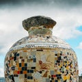 Ceramic vase made out of Portuguese azulejo tiles overlooking a valley in Northeastern Portugal, Europe