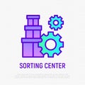 Sorting center thin line icon: stack of parcels with wheels. Modern vector illustration for delivery service