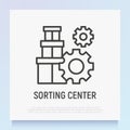 Sorting center thin line icon: stack of parcels with wheels. Modern vector illustration for delivery service