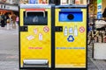 Sorting garbage bin by material and type.Recycle trash bin with sorted garbage vector icons at walking street for environmental