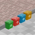 Garbage cans isolated against a brick wall. Vector isometric illustration.