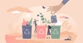 Sorting garbage containers to separate waste and trash tiny persons concept