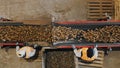 sorting potatoes. top view. workers sort and cull freshly picked potatoes, on conveyor belt machine in warehouse. potato