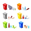 Sorting and recycling waste. Garbage baskets and plastic, organic, glass waste products. Vector 3d isometric icons set. Royalty Free Stock Photo