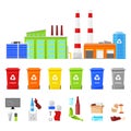 Sorting and recycling waste, vector flat illustration. Waste plant, plastic, organic, glass garbage, multicolor baskets Royalty Free Stock Photo