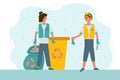 Sorting waste by people. A girl and a guy clean up the waste for recycling. Plastic, metal, paper. Ecology, Land without plastic