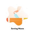 Sorting waste plastic ecology concept. Vector flat llustration. Orange trash can with with hand dropping bottle isolated on white Royalty Free Stock Photo