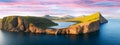 Sorvagsvatn lake on cliffs of Vagar island in sunset, Faroe Islands Royalty Free Stock Photo