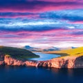 Sorvagsvatn lake on cliffs of Vagar island in sunset, Faroe Islands