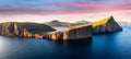 Sorvagsvatn lake on cliffs of Vagar island in sunset, Faroe Islands