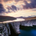 Sorvagsvatn lake on cliffs of Vagar island in sunset, Faroe Islands