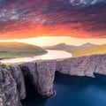 Sorvagsvatn lake on cliffs of Vagar island in sunset, Faroe Islands